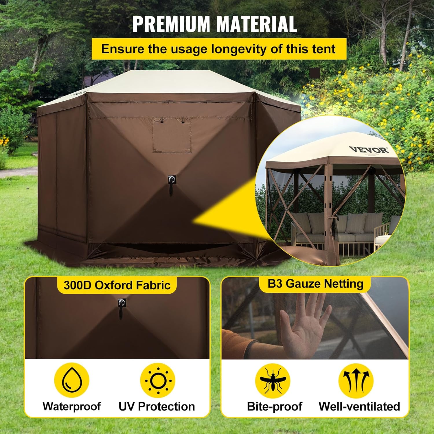 VEVOR 12 * 12ft 6 Sided Pop-up Canopy Shelter Tent with Mesh Windows, Portable Carry Bag, Stakes, Large Shade Tents for Outdoor Camping, Lawn and Backyard, Brown/Beige - Image 7