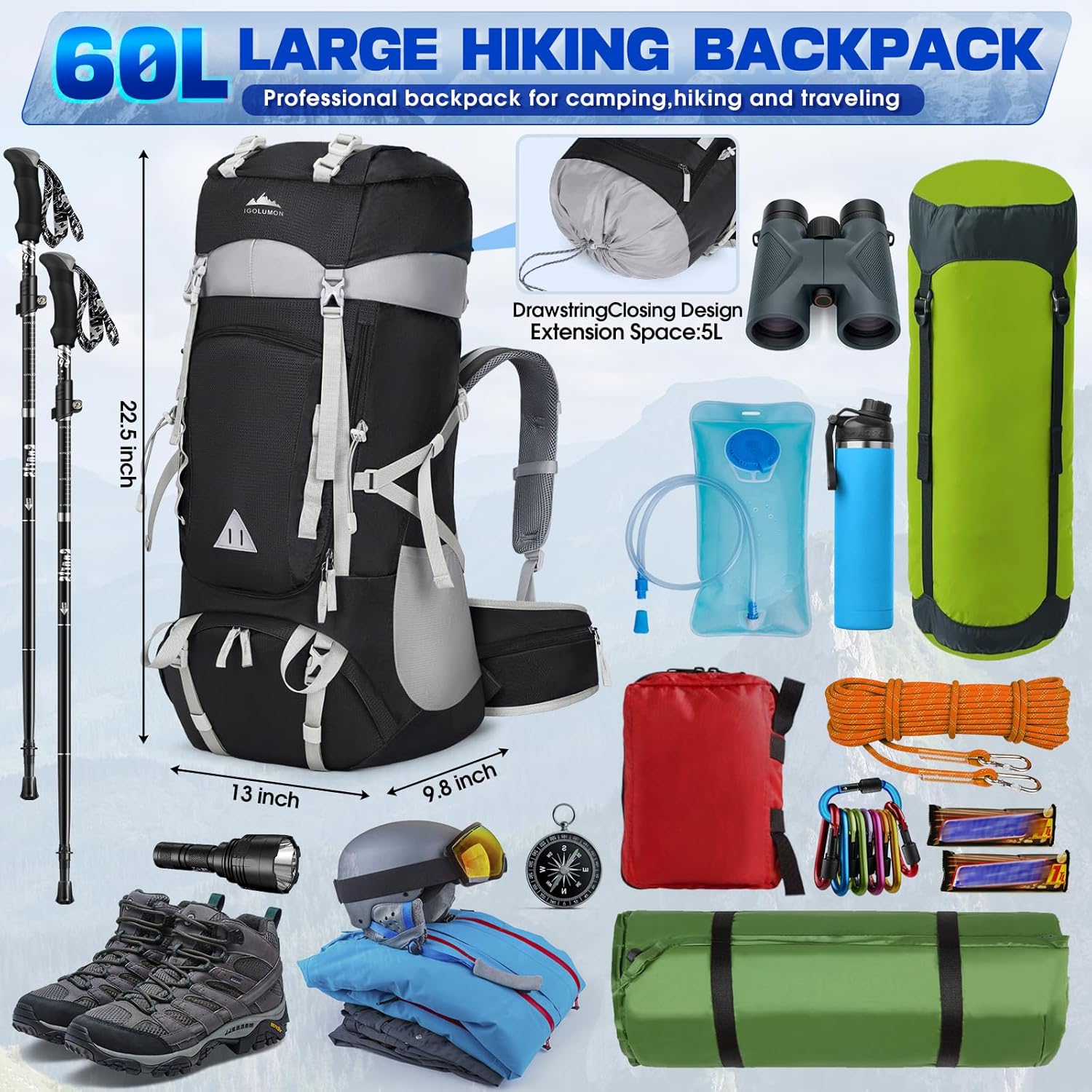 IGOLUMON 60L Hiking Backpack Waterproof Camping Backpack with Rain Cover Large Lightweight Backpacking Backpack for Men Women - Image 3