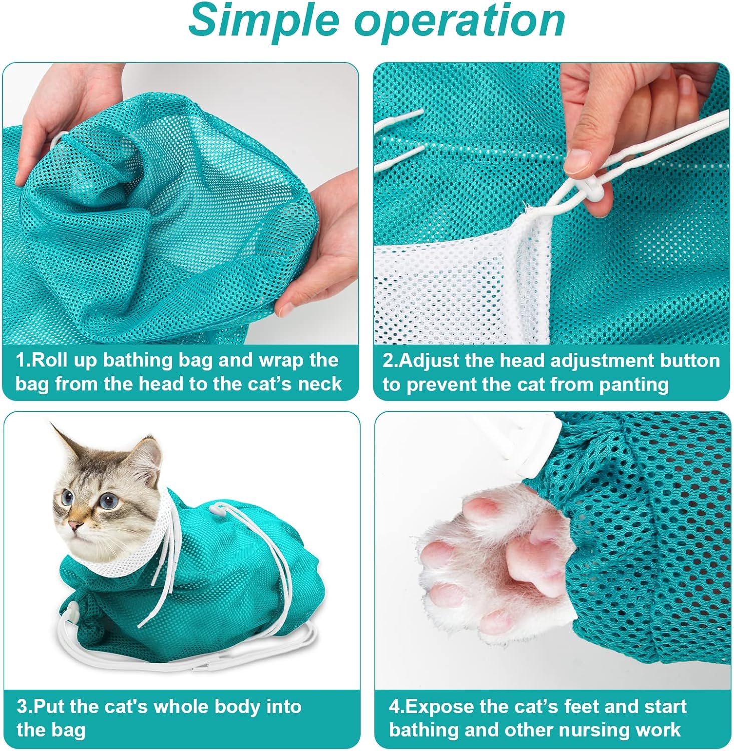 Cat Bathing Bag, Breathable Mesh Cat Shower Bag Anti Scratch Adjustable Cat Grooming Bag for Nail Trimming, Bathing Polyester Soft Cat Washing Bag (White-Green) - Image 7