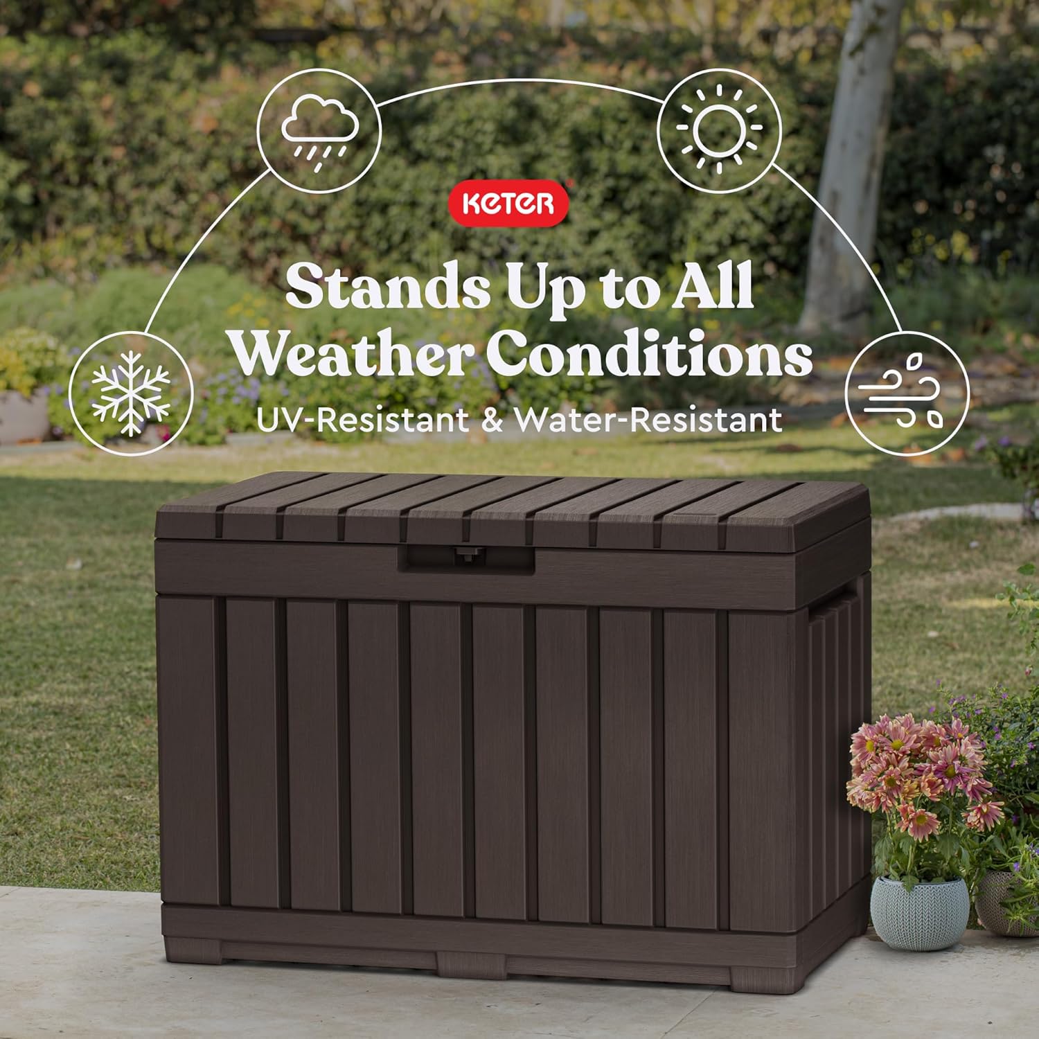Keter Kentwood 50 Gallon Resin Deck Box-Organization and Storage for Patio Cushions, Throw Pillows and Garden Tools, Brown - Image 6