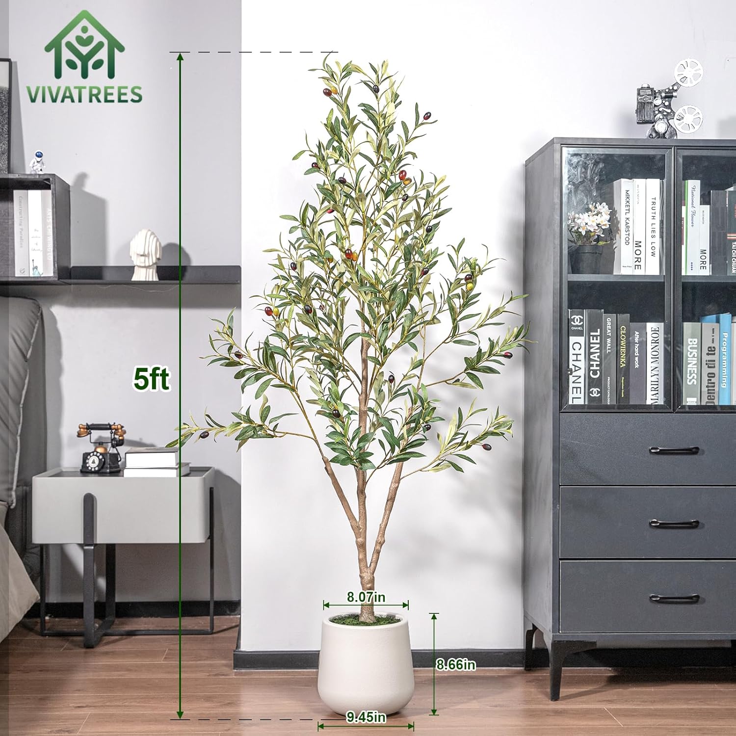 Olive Trees Artificial Indoor, 5FT Tall Faux Olive Tree with White Tall Planter, Artificial Plants with Natural Wood Trunk and Lifelike Fruits for Home Office Decor - Image 3