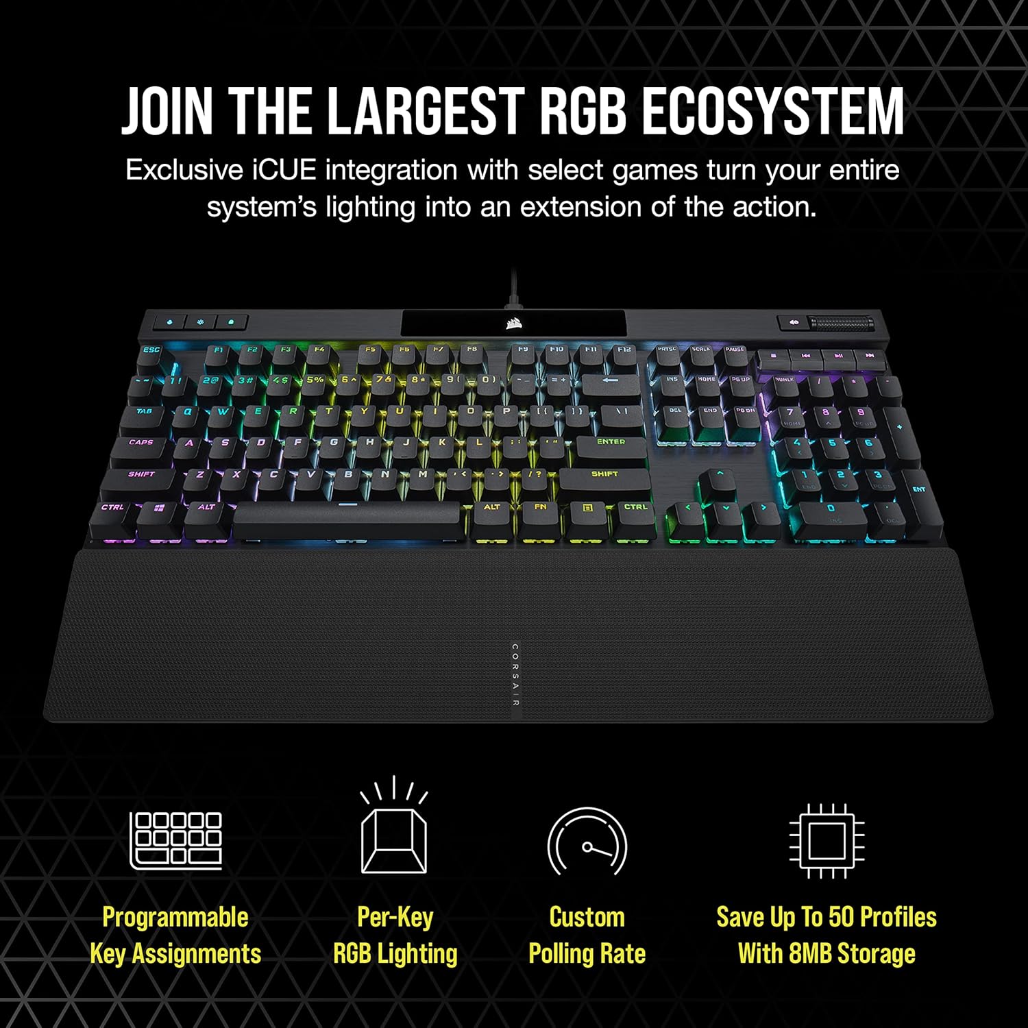 Corsair K70 RGB PRO Wired Mechanical Gaming Keyboard (Cherry MX RGB Red Switches: Linear and Fast, 8,000Hz Hyper-Polling, PBT Double-Shot PRO Keycaps, Soft-Touch Palm Rest) QWERTY, NA - Black - Image 7