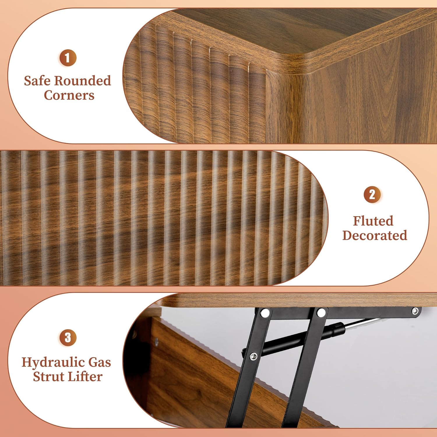 LYNCOHOME Fluted Coffee Table with Hidden Compartment, Wood Lift Top Coffee Tables, Modern Center Table for Living Room, Home Office(Walnut) - Image 7