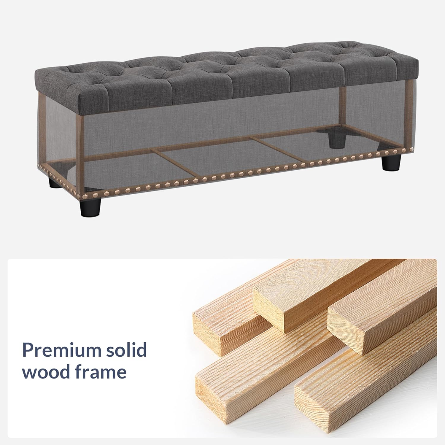 BELLEZE 47 Inch Storage Ottoman, Button-Tufted Ottoman Linen Storage Bench with Safety Close Hinge, Ottoman with Storage for Living Room, Entryway, Hallway, Foot Rest, Support 300lbs - Dark Gray - Image 4