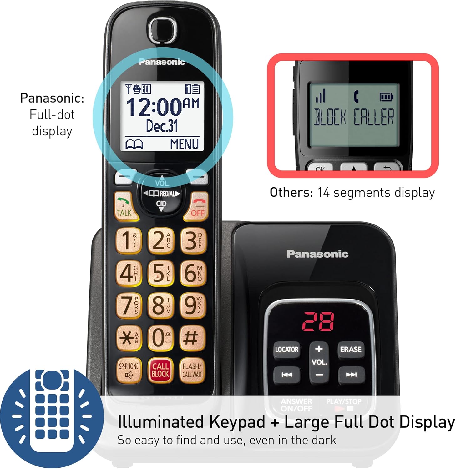 Panasonic Cordless Phone with Answering Machine, Advanced Call Block, Bilingual Caller ID and Easy to Read High-Contrast Display, Expandable System with 2 Handsets - KX-TGD832M (Metallic Black) - Image 6