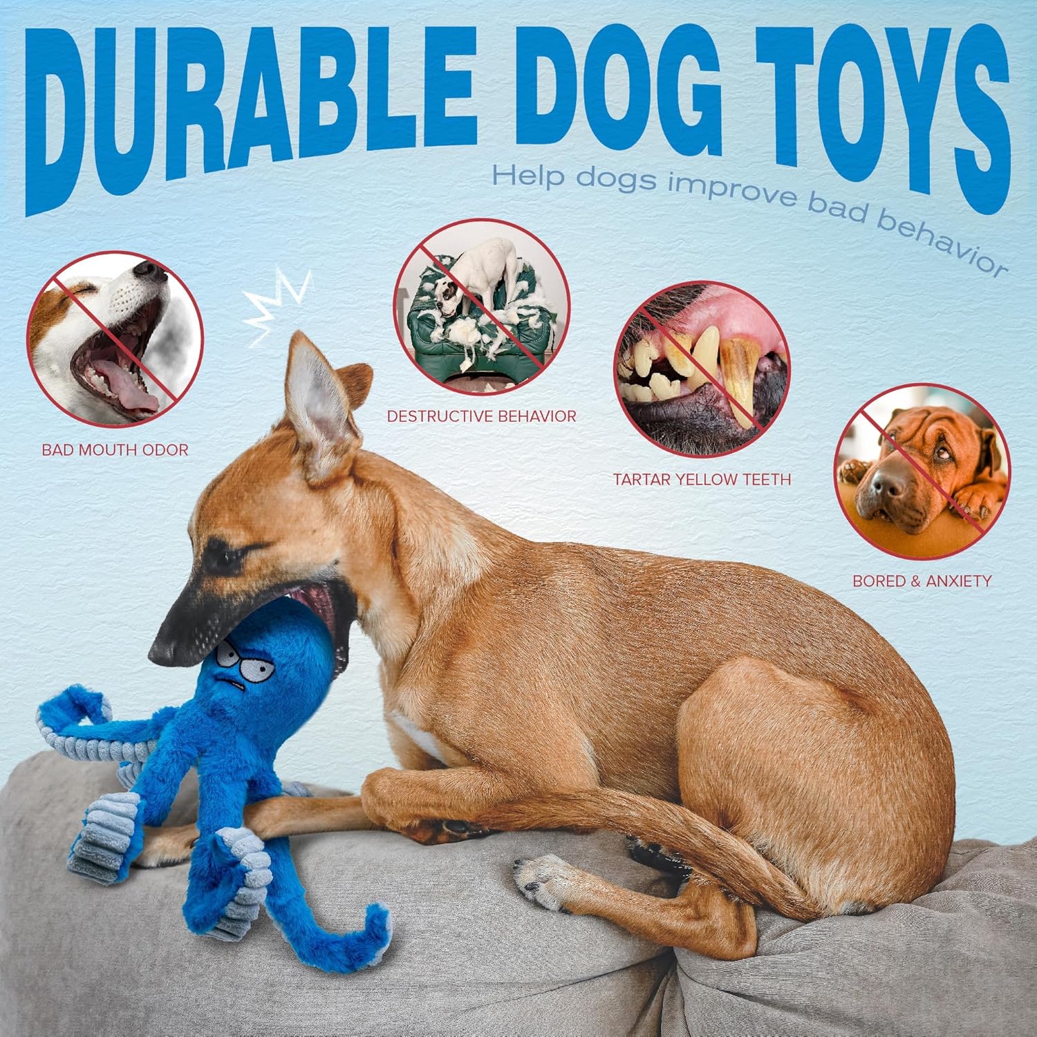 LEGEND SANDY Tough Dog Toys, Stuffed Chew Large Dog Toys to Keep Them Busy, Interactive Squeaky Tug of War Doggie Toy, Crinkle Blue Octopus - Image 5