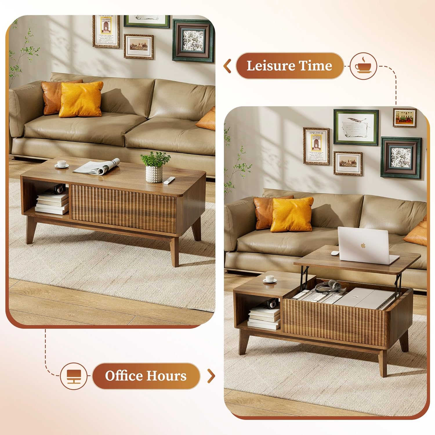 LYNCOHOME Fluted Coffee Table with Hidden Compartment, Wood Lift Top Coffee Tables, Modern Center Table for Living Room, Home Office(Walnut) - Image 4