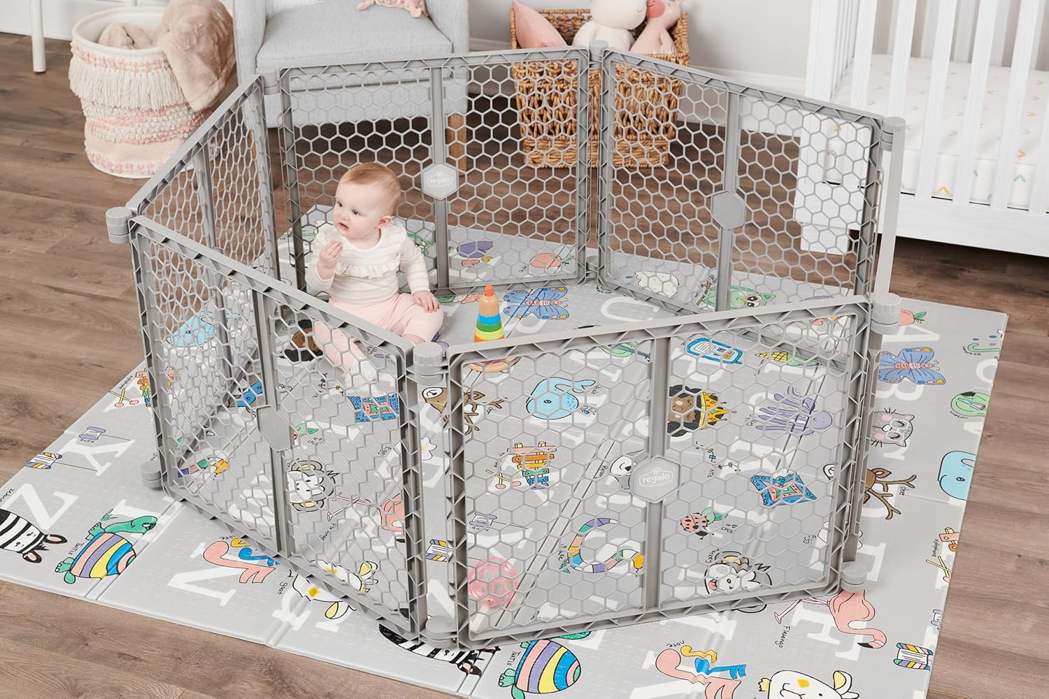 Regalo 77"x71" Extra Large Alphabet Play Mat for Babies and Toddlers, Alphabet Animal and Object Learning Mat, Non-Toxic Waterproof Foam Design, Reversible, Foldable for Easy Storage, Wipe Clean, Gray - Image 6