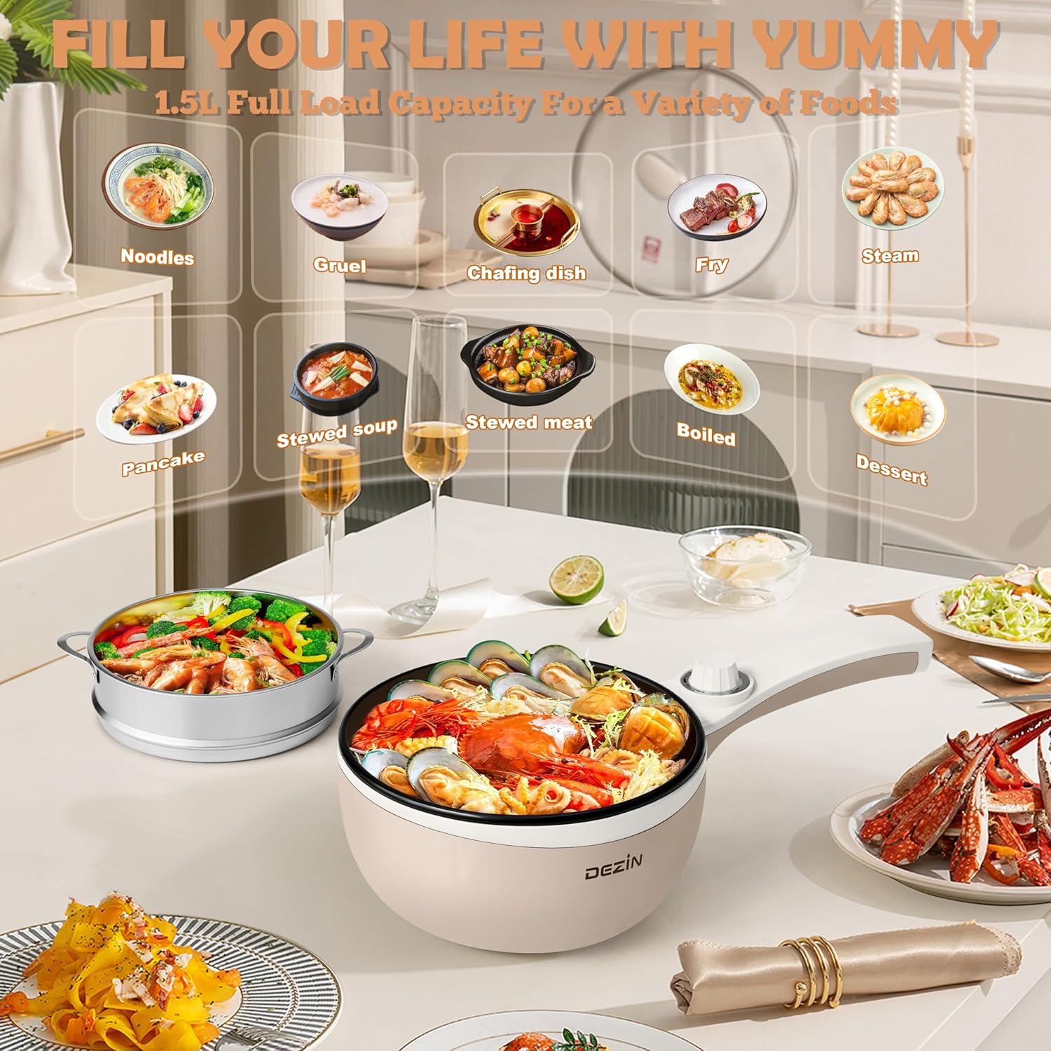 Dezin Hot Pot Electric Upgraded, Non-Stick Sauté Pan, Rapid Noodles Electric Pot, 1.5L Mini Portable Hot Pot for Steak, Egg, Fried Rice, Ramen, Oatmeal, Soup with Power Adjustment - Image 6