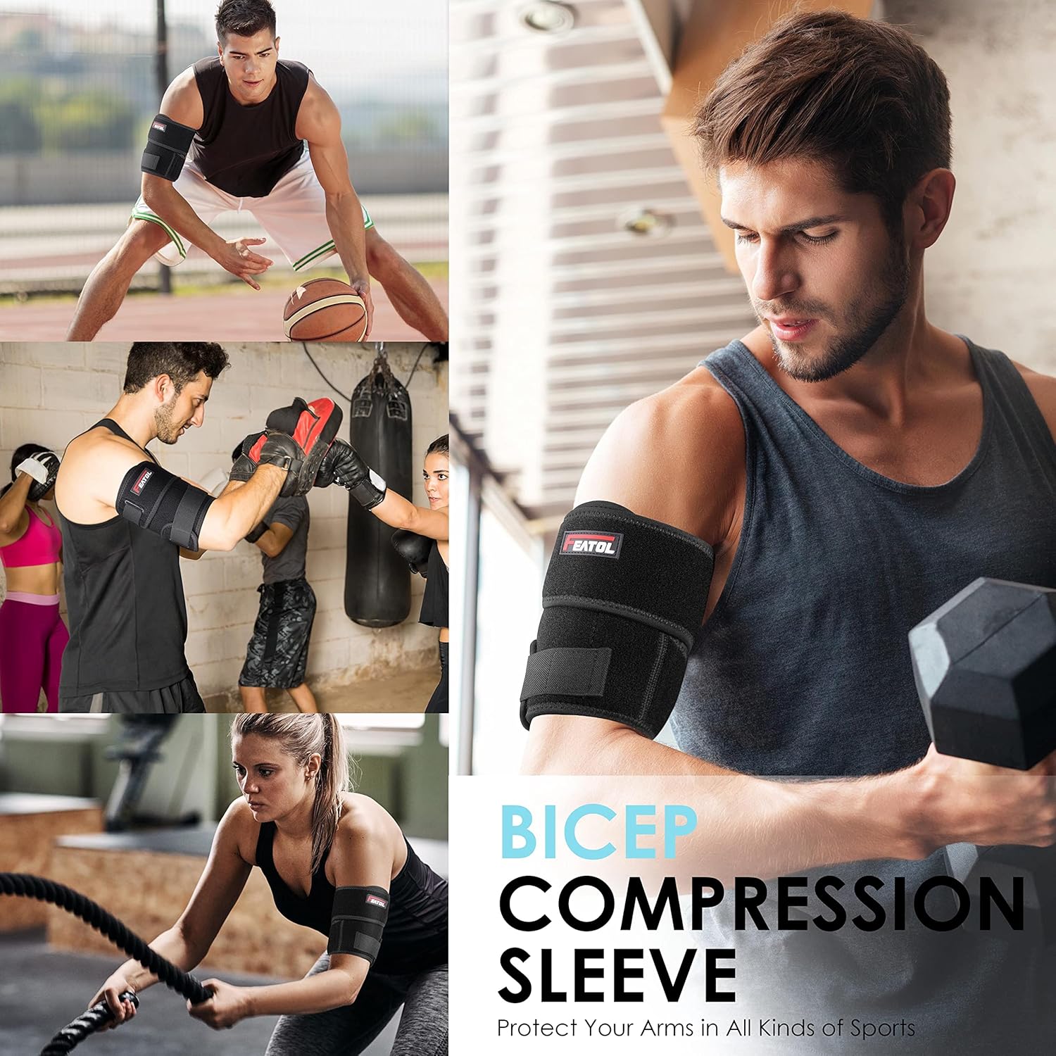FEATOL Bicep Tendonitis Brace Compression Sleeve Support, Upper Arm Brace Tricep Bicep Support Bands for Men and Women, Arm Wrap Pain Relief for Muscle Strains and Inflammation(Black, Large) - Image 7