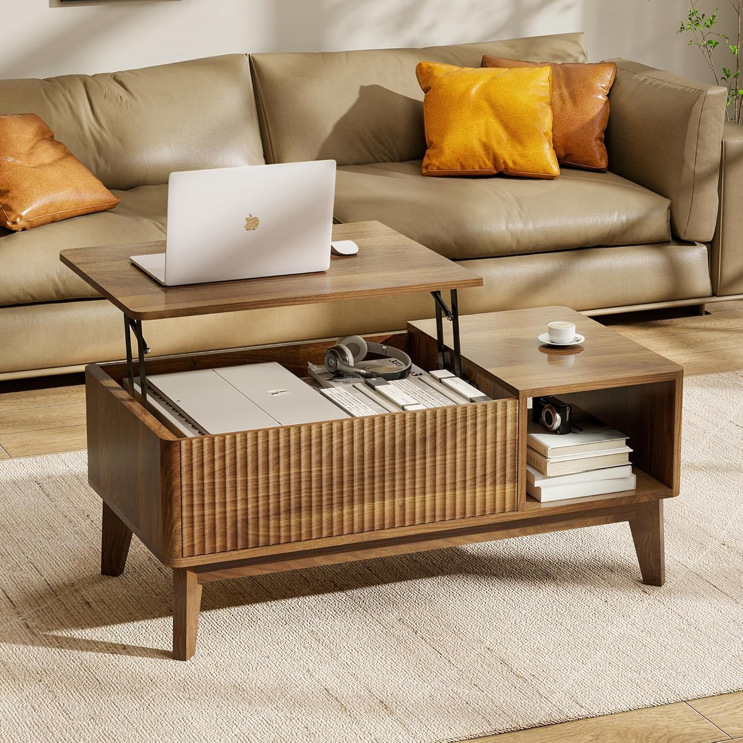 LYNCOHOME Fluted Coffee Table with Hidden Compartment, Wood Lift Top Coffee Tables, Modern Center Table for Living Room, Home Office(Walnut) - Image 2