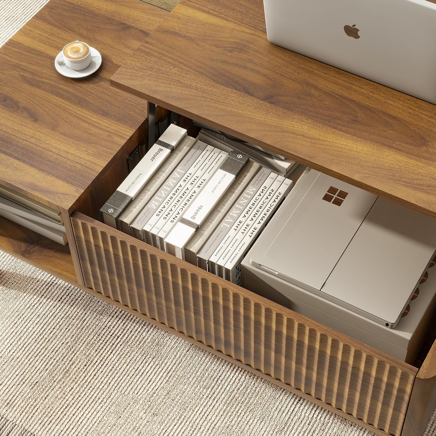 LYNCOHOME Fluted Coffee Table with Hidden Compartment, Wood Lift Top Coffee Tables, Modern Center Table for Living Room, Home Office(Walnut) - Image 5