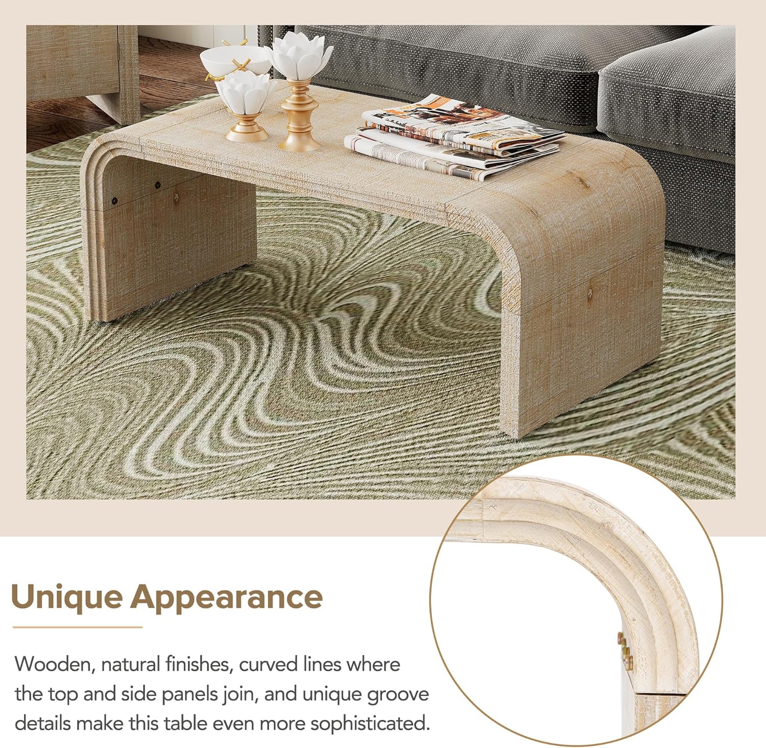 Bellemave Modern Coffee Table with Curved Art Deco Design Center Sofa Table Minimalist Cocktail Wooden Table for Living Room, Natural Wood Wash - Image 5