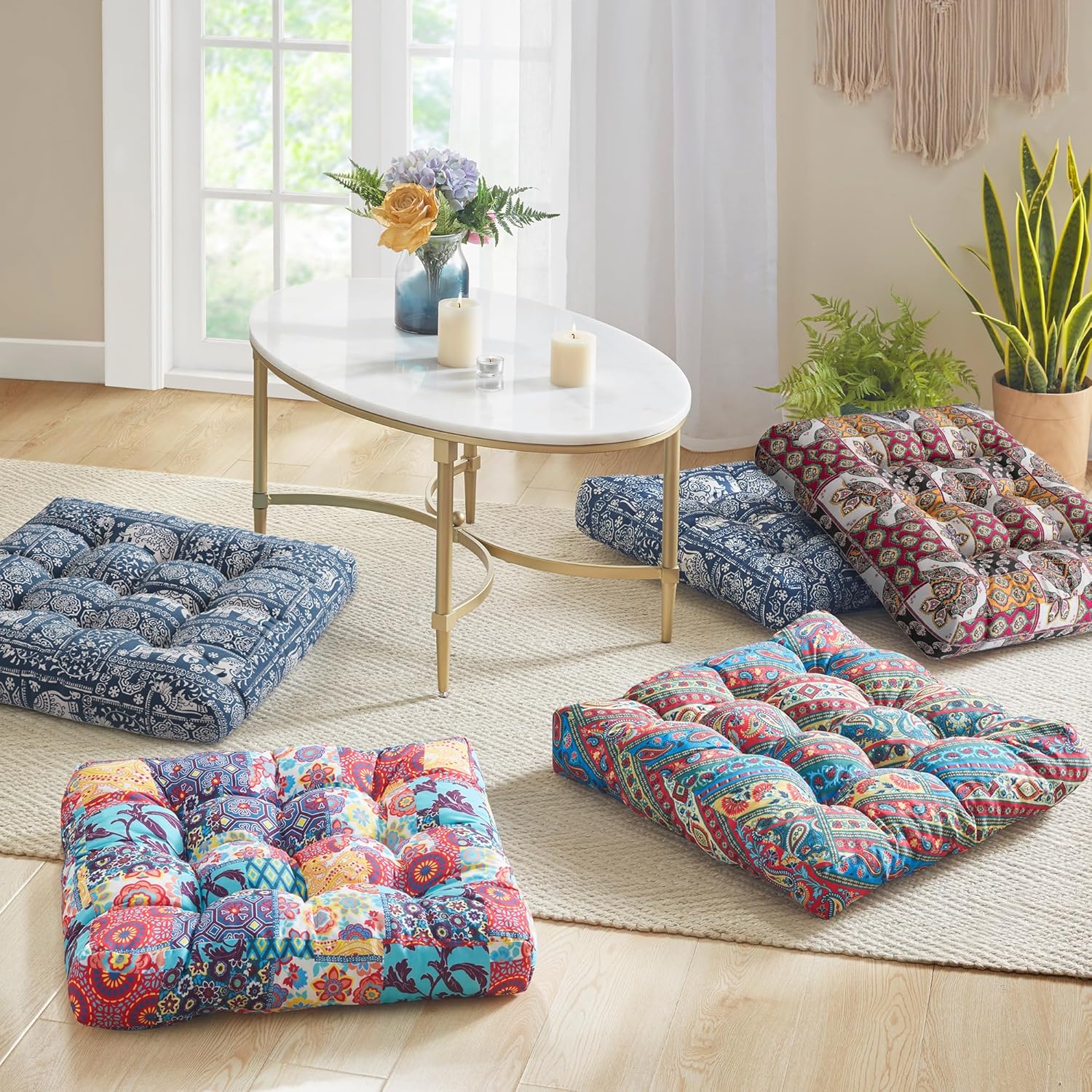 Boho Floor Pillow, Large Meditation Cushion for Adults, Square Pillows Seating for Yoga Living Room Tatami Sitting Home Decor, Memory Foam Added, 22x22 Inch, Multi Patchwork - Image 8