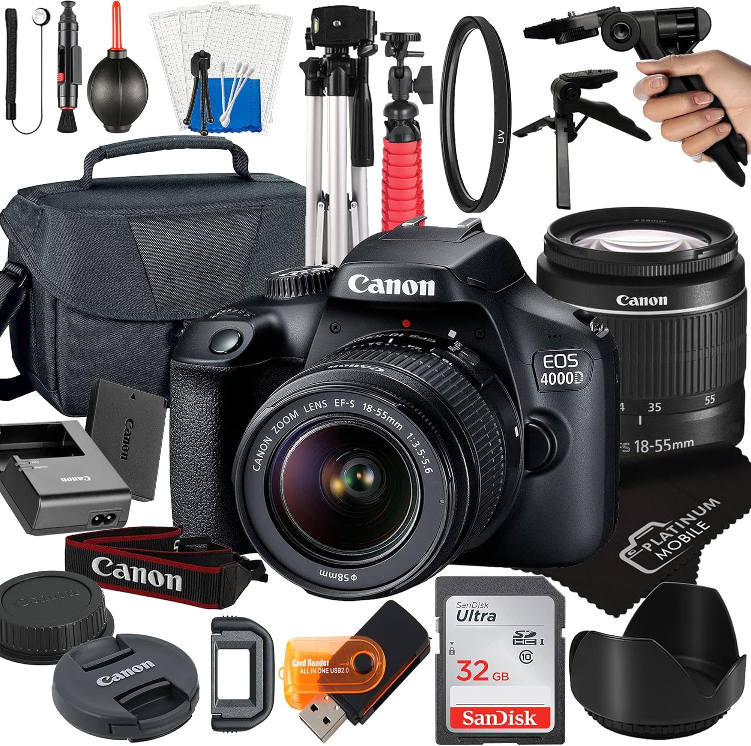 Canon EOS 4000D / Rebel T100 DSLR Camera with 18-55mm Lens + Platinum Mobile Accessory Bundle Package Includes: SanDisk 32GB Card, Tripod, Case, Pistol Grip and More (21pc Bundle), Black (Renewed) - Image 2