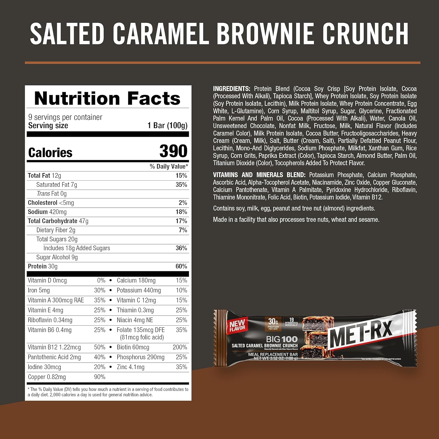 MET-Rx Big 100 Protein Bar, Meal Replacement Bar, 30G Protein, Salted Caramel Brownie Crunch, 9 Count, 3.52 Oz.(Packaging may vary) - Image 3