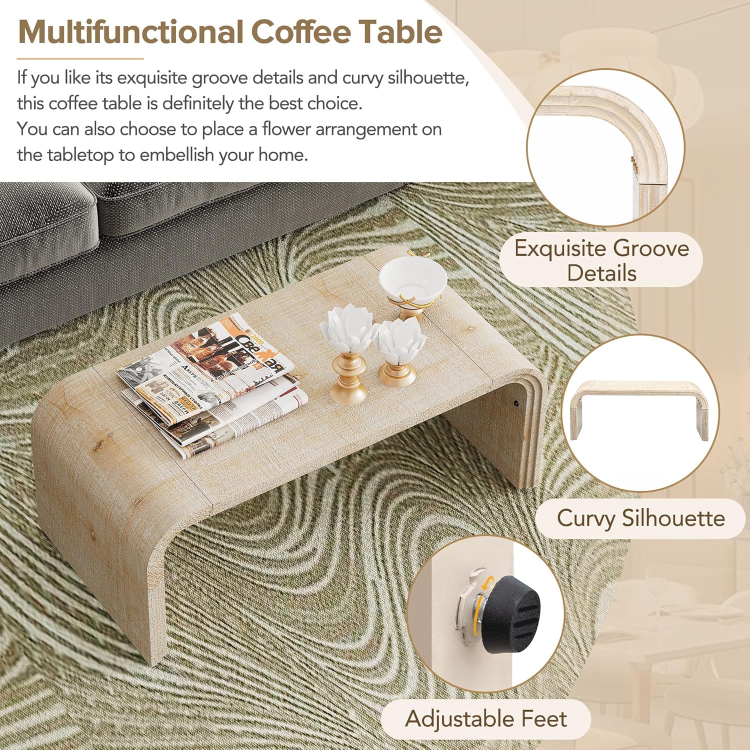 Bellemave Modern Coffee Table with Curved Art Deco Design Center Sofa Table Minimalist Cocktail Wooden Table for Living Room, Natural Wood Wash - Image 6