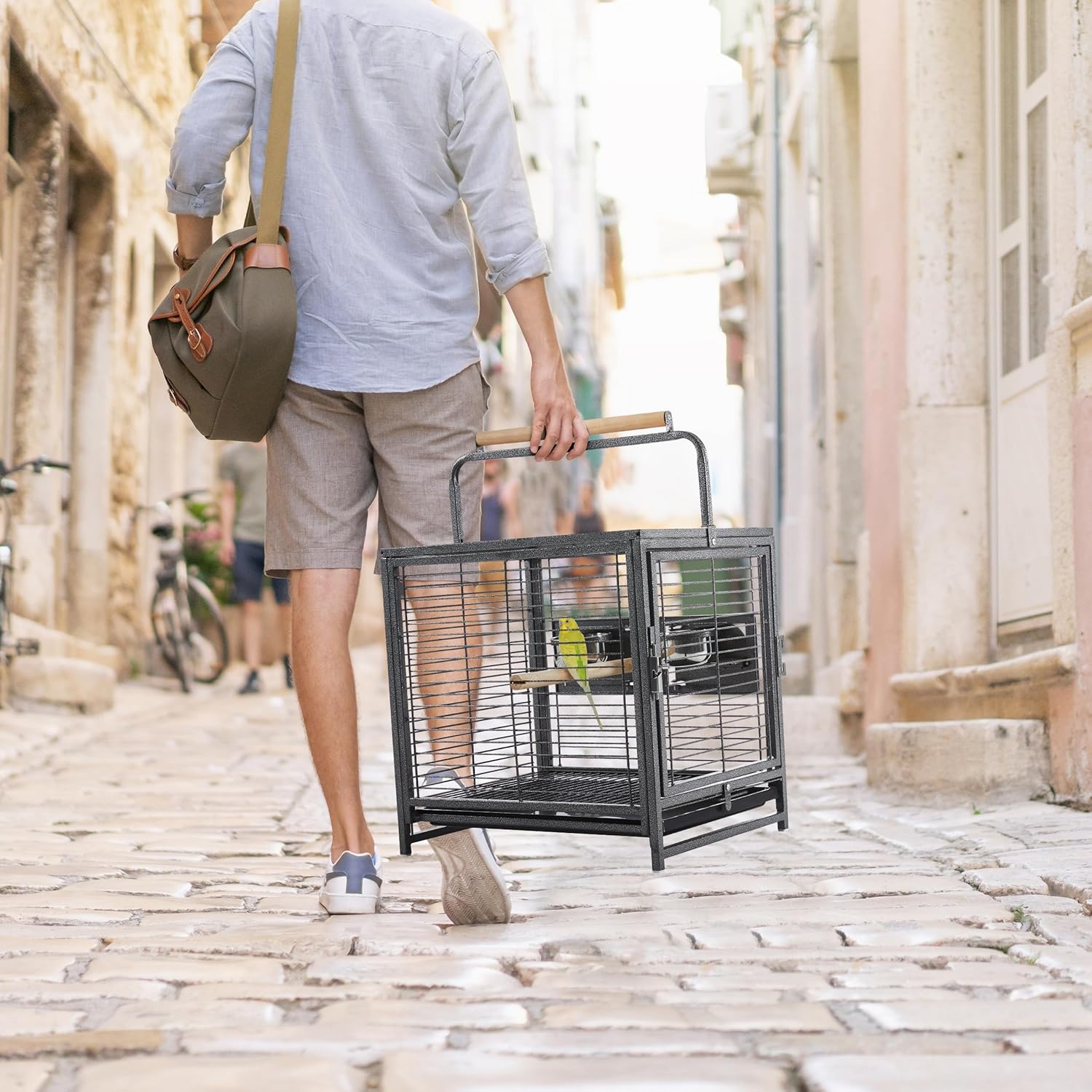 Yaheetech 25.5'' Wrought Iron Bird Travel Carrier Cage Parrot Cage with Handle Wooden Perch & Seed Guard for Small Parrots Canaries Budgies Parrotlets Lovebirds Conures Cockatiels - Image 3