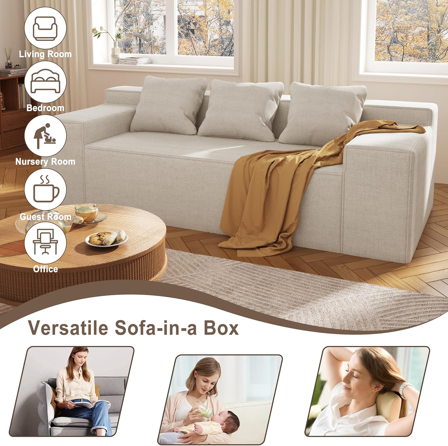 Modern 3-Seater Sofa, Hybrid Sofa in a Box, No Assembly Required, Comfy Sofa Couch with 3 Matching Pillows, Cat-Scratch Resistant Linen, Couch for Living Room or Bedroom, Beige - Image 8