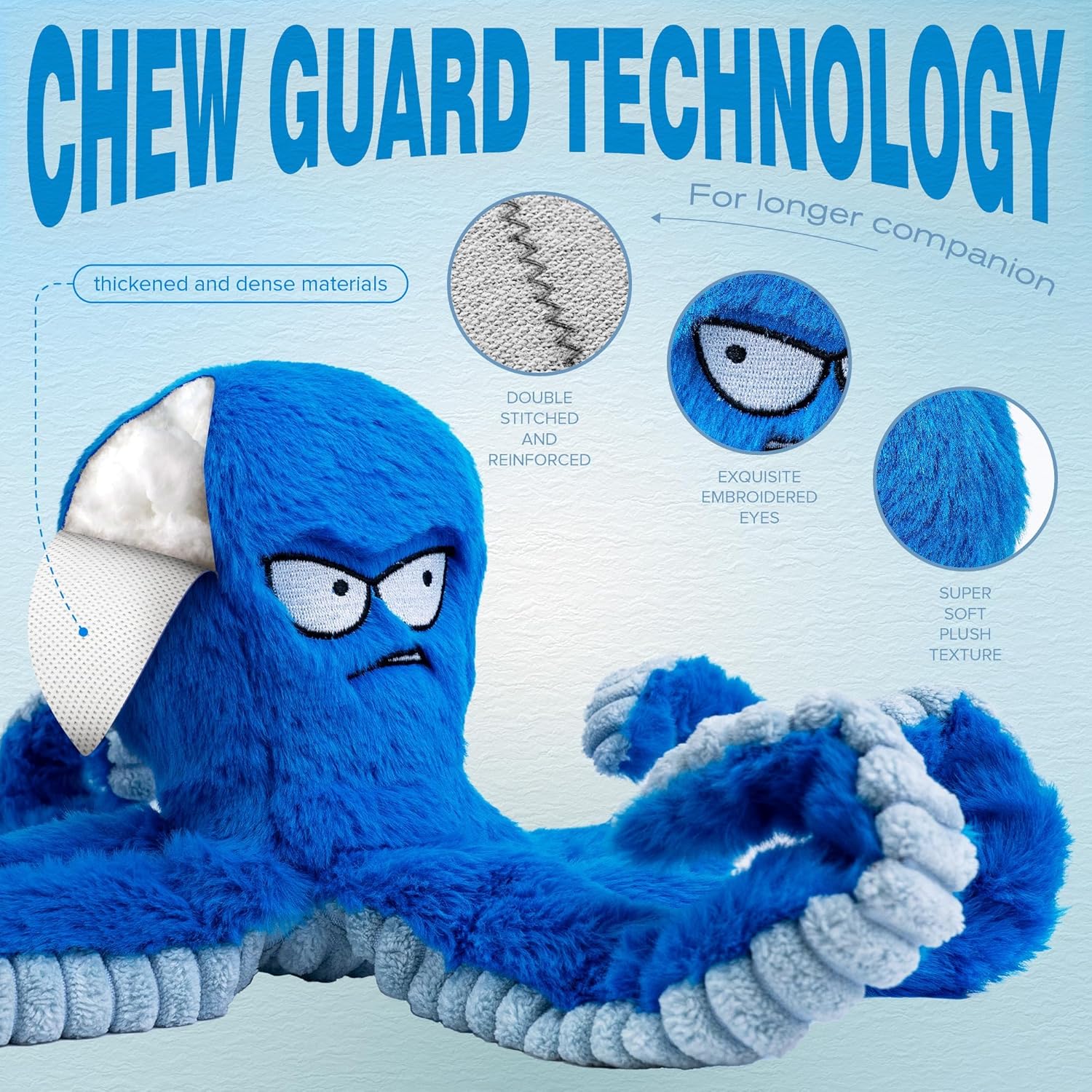 LEGEND SANDY Tough Dog Toys, Stuffed Chew Large Dog Toys to Keep Them Busy, Interactive Squeaky Tug of War Doggie Toy, Crinkle Blue Octopus - Image 4