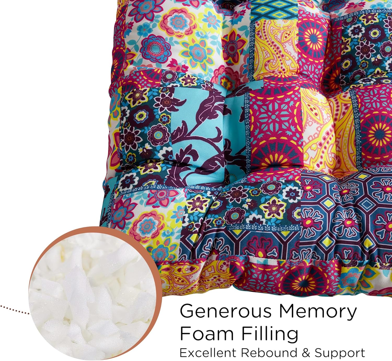 Boho Floor Pillow, Large Meditation Cushion for Adults, Square Pillows Seating for Yoga Living Room Tatami Sitting Home Decor, Memory Foam Added, 22x22 Inch, Multi Patchwork - Image 3