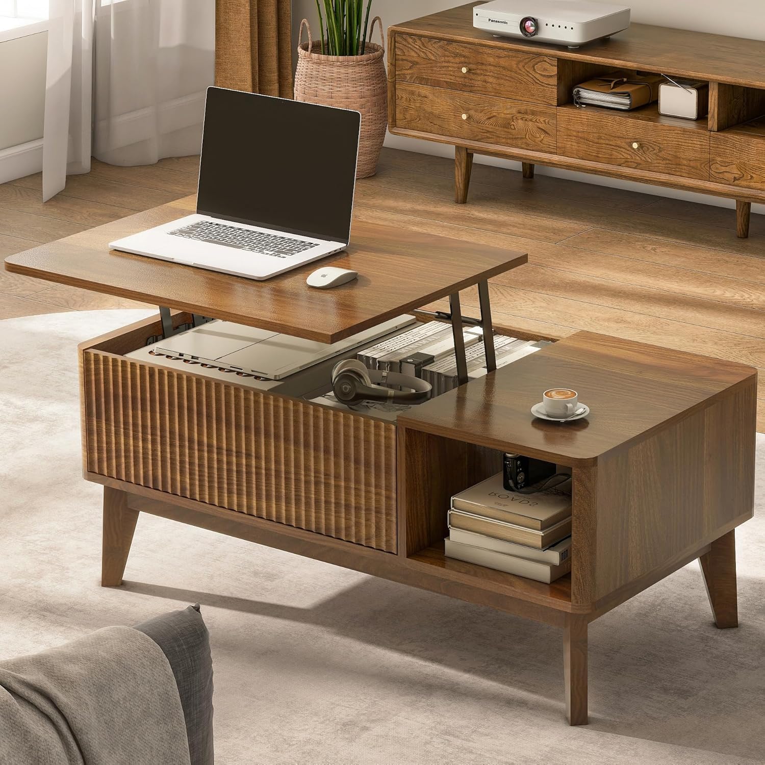 LYNCOHOME Fluted Coffee Table with Hidden Compartment, Wood Lift Top Coffee Tables, Modern Center Table for Living Room, Home Office(Walnut) - Image 6