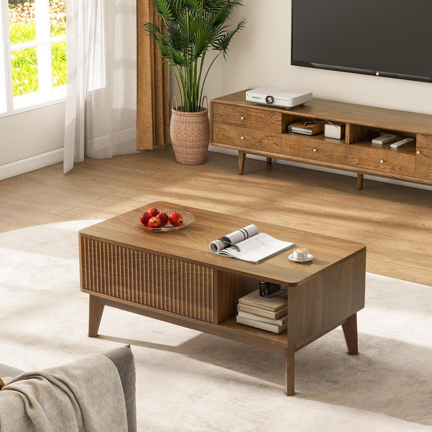 LYNCOHOME Fluted Coffee Table with Hidden Compartment, Wood Lift Top Coffee Tables, Modern Center Table for Living Room, Home Office(Walnut) - Image 8