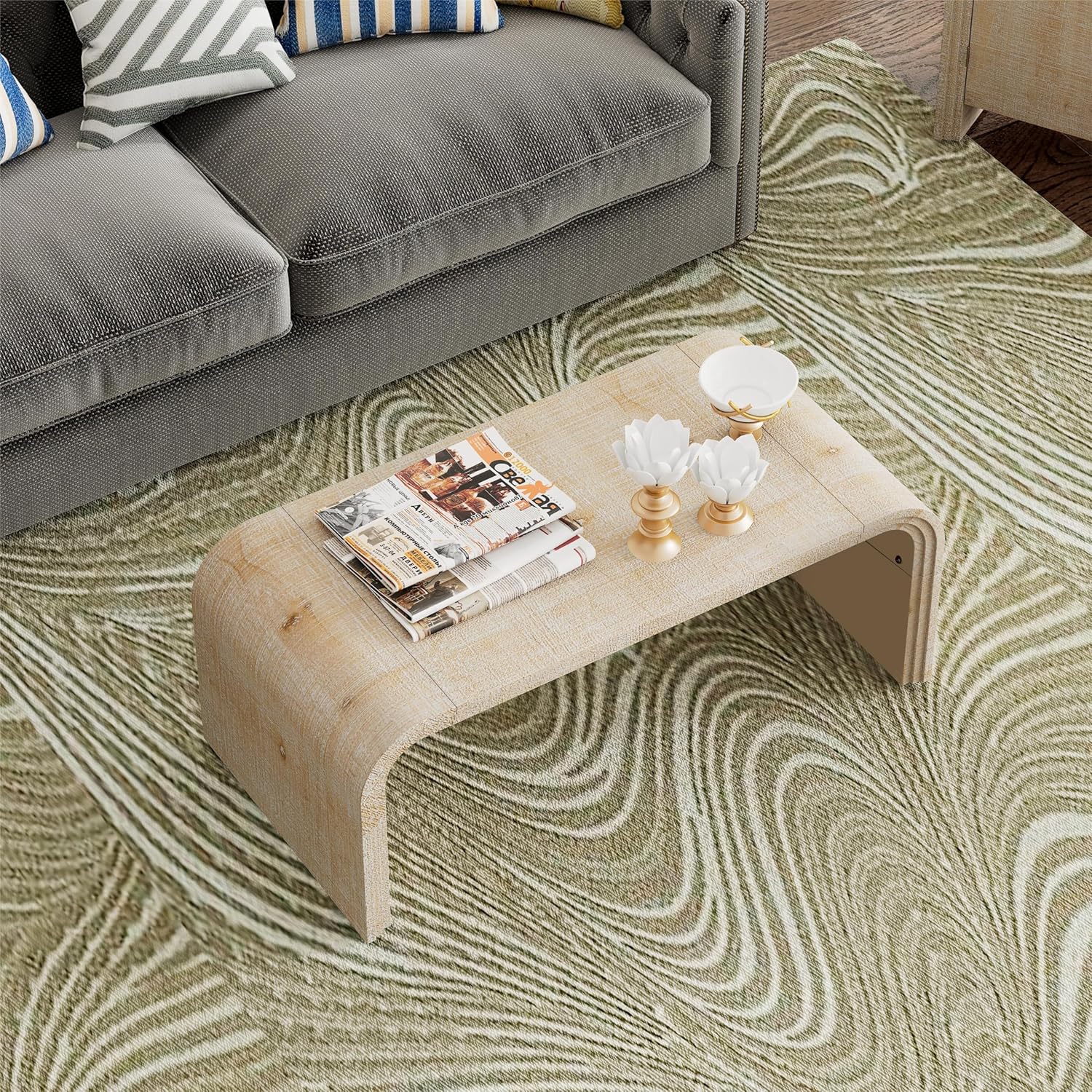 Bellemave Modern Coffee Table with Curved Art Deco Design Center Sofa Table Minimalist Cocktail Wooden Table for Living Room, Natural Wood Wash - Image 4