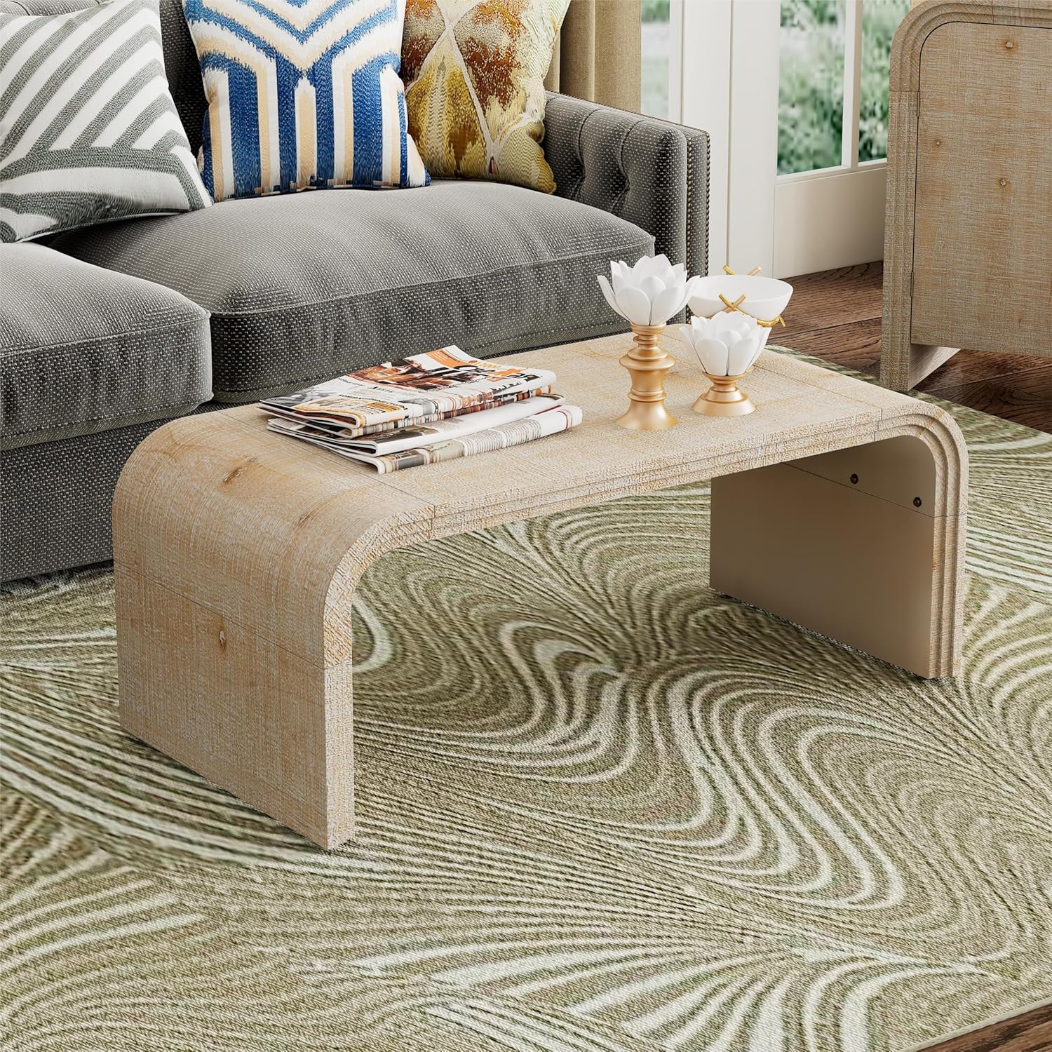 Bellemave Modern Coffee Table with Curved Art Deco Design Center Sofa Table Minimalist Cocktail Wooden Table for Living Room, Natural Wood Wash - Image 2