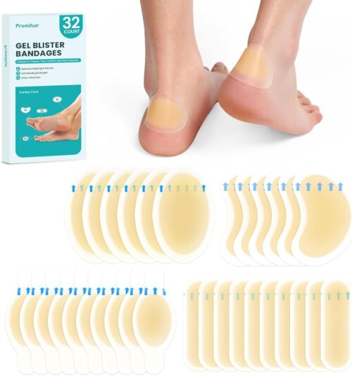 Hydrocolloid Gel Blister Bandages Pads – (Variety Pack) Promifun 32ct Waterproof Adhesive Blisters Bandages – Blister Pads for Heel, Foot, Toe, Feet – Gel Blister Chshions for Prevention & Recovery