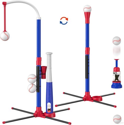 3-in-1 Baseball Set for Kids 3-5 – Tee Ball Stand, Hanging Tee, Ball Launcher and 6 Softballs – Adjustable Height, Indoor/Outdoor Sport Gifts for Boys, Blue