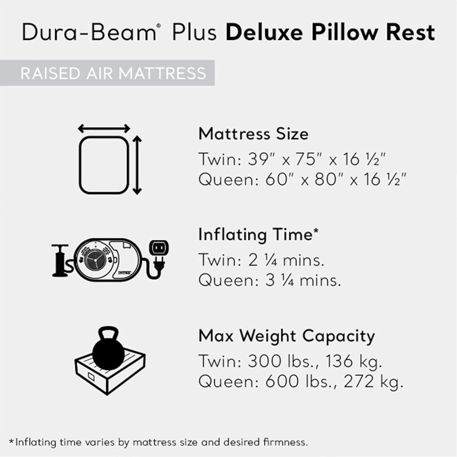 Intex 64131ED Dura-Beam Plus Deluxe Pillow: Fiber-Tech – Twin Size – Built-in Electric Pump – 16.5in Bed Height – 300lb Weight Capacity - Image 4