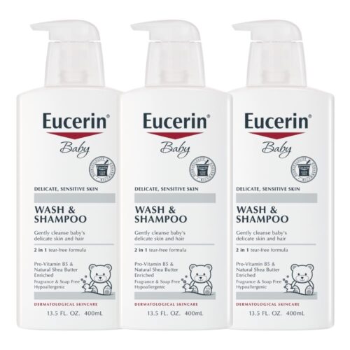 Eucerin Baby Unscented Baby Shampoo and Body Wash, Hypoallergenic, Tear Free Shampoo and Wash with Pro-Vitamin B5 and Shea Butter, 13.5 Fl Oz Bottle 3 pack