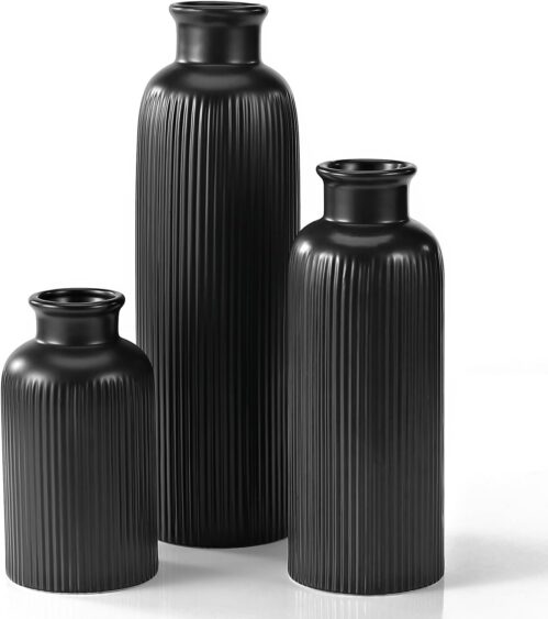 Black Ceramic Vase Set of 3, Boho Modern Black Flower Vase Room Decor, Farmhouse Decor, Vases for Your Kitchen, Bathroom, Bedroom, Living Room, Office&Shelf Centerpiece Table Decorations