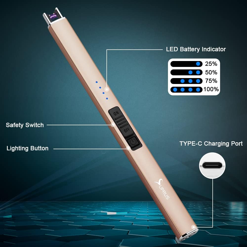 SUPRUS Electric Lighter Arc Windproof Flameless USB Rechargeable Lighter with Safety Lock for Candle BBQ Camping (Champagne Gold) - Image 2