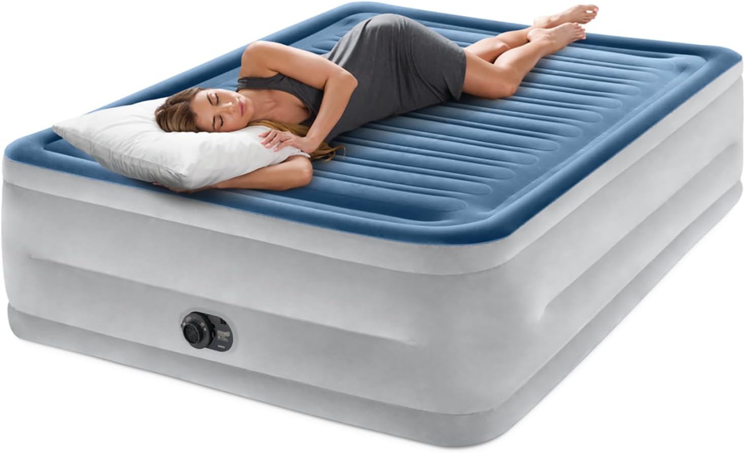 Intex: Dura-Beam Deluxe Comfort-Plush Air Mattress - 22" Queen Blue - Built-in Electric Pump, Durable Fiber-Tech, Carry Bag Included, 600lb Capacity - Image 2