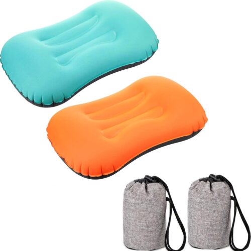 Camping Travel Pillow-Compressible,Ultralight Inflatable,Compact, Comfortable, Ergonomic Inflating Pillows for Neck & Lumbar Support While Camp, Hiking, Backpacking (Blue+Orange 2pcs)