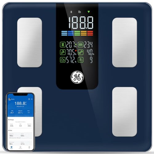 GE Scale for Body Weight Smart: Digital Bathroom Body Fat Scales 500lbs for BMI Muscle Bluetooth Smart Weight Monitor 11.8″ Large Platform Weighing Machine Health Analyzer with App Dark Blue