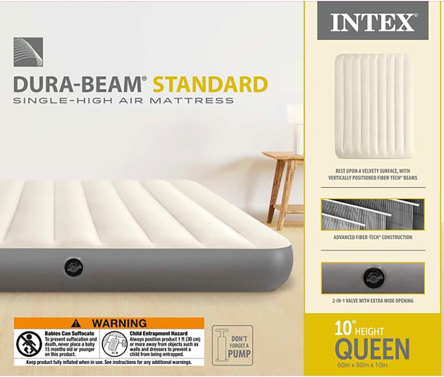 Intex 64103E Dura-Beam Standard Single-High Air Mattress: Fiber-Tech - Queen Size - 10in Bed Height - 600lb Weight Capacity - Pump Sold Separately - Image 7