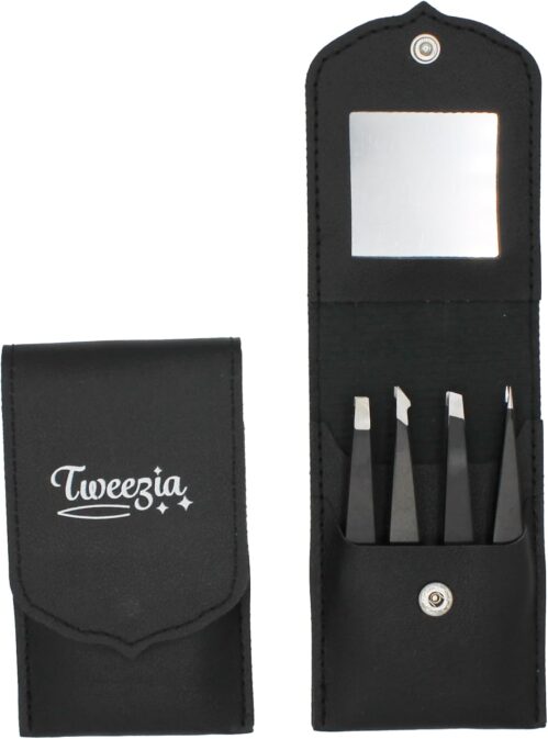 TWEEZIA Stainless Steel Tweezer Set – 4 Precision Tweezers with Mirror & Leather Case – Ideal Eyebrow Kit, Ingrown Hair Tweezers, Splinter Removal Kit or Pointed Tweezers for Beauty and Personal Care