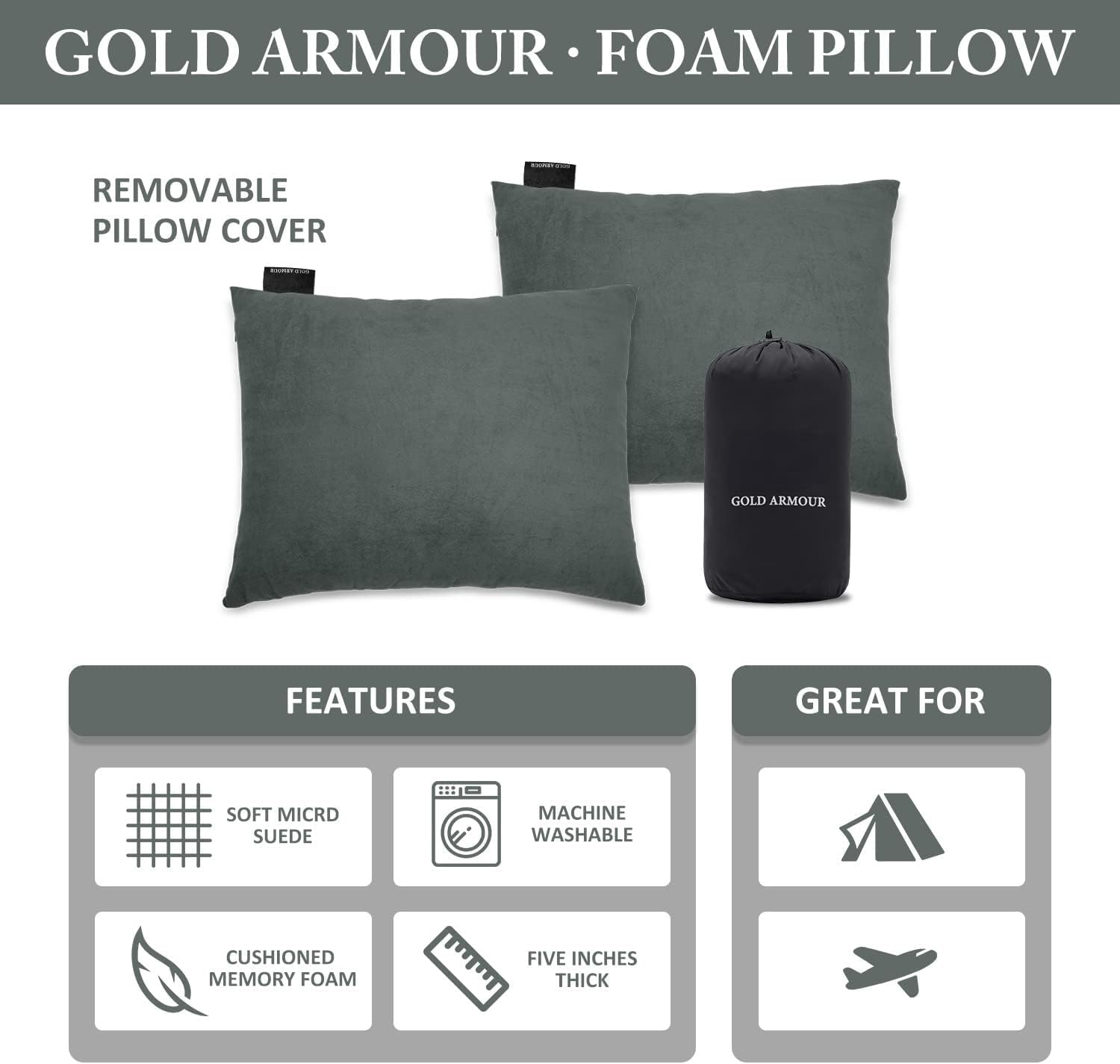 Gold Armour Camping Pillow Memory Foam - Compact Compressible Backpacking, Hammock, and Travel Pillows for Kids and Adults - Essential Outdoor & Camping Gear (Small 12 x 16in, Gray) - Image 2