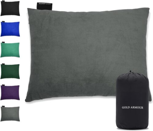 Gold Armour Camping Pillow Memory Foam – Compact Compressible Backpacking, Hammock, and Travel Pillows for Kids and Adults – Essential Outdoor & Camping Gear (Small 12 x 16in, Gray)