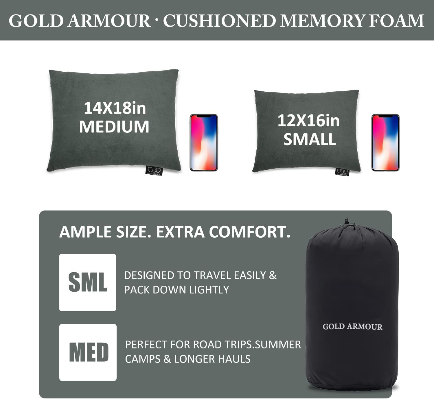 Gold Armour Camping Pillow Memory Foam - Compact Compressible Backpacking, Hammock, and Travel Pillows for Kids and Adults - Essential Outdoor & Camping Gear (Small 12 x 16in, Gray) - Image 3