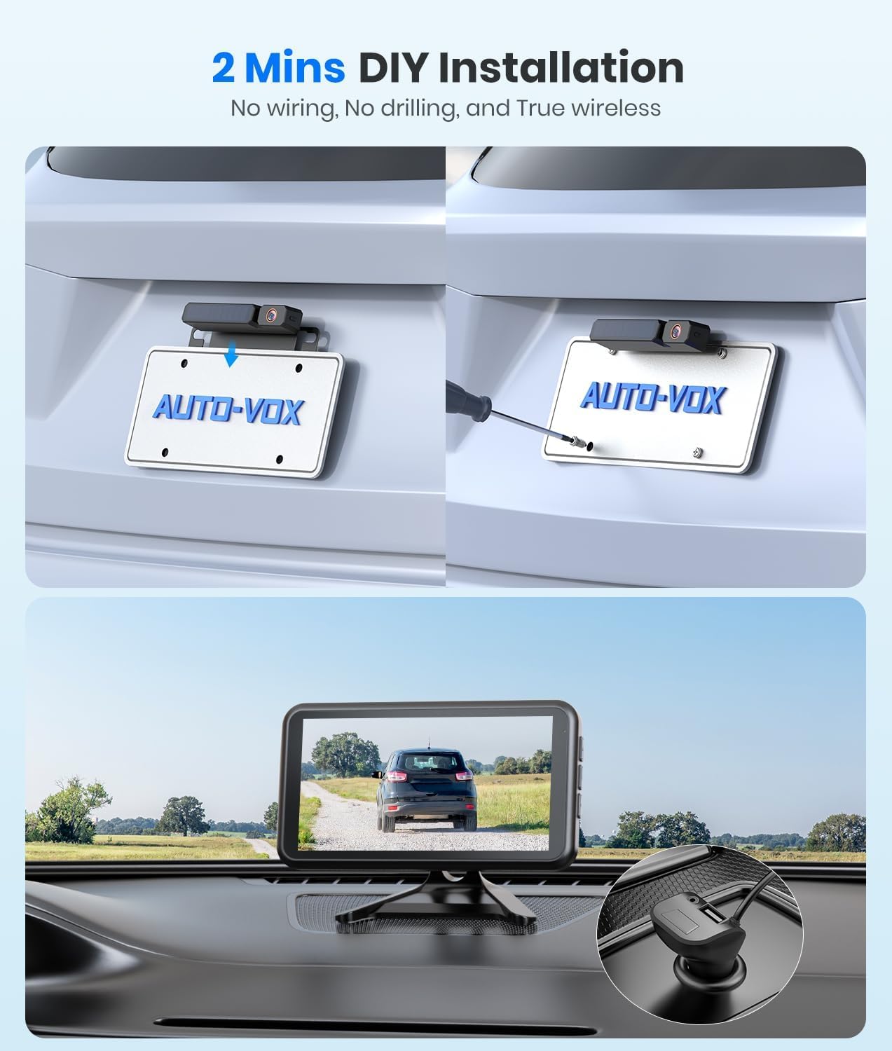 AUTO-VOX Solar Wireless Backup Camera with 5" 1080P Monitor: 5000mAh Battery 2 Mins DIY Installation & 2 Split Screen Back Up Camera, IP69K Waterproof Reverse Camera for Car, Van, SUV, Truck, Trailer - Image 2