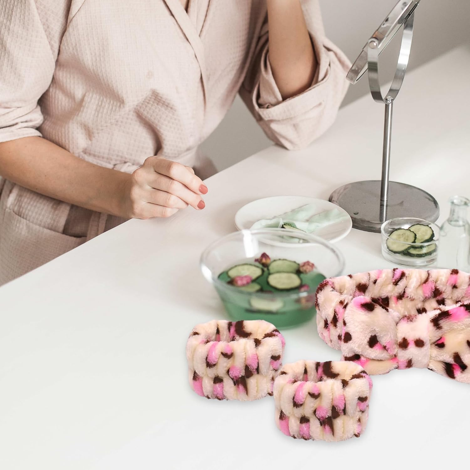 Pink Spa Headband and Wristband Set by Freckled Rebel. Pink Leopard Skincare Headbands with Cozy Wrist Towels for Enhanced Face Washing Experience. Ideal for Beauty & Personal Care Routines. - Image 8