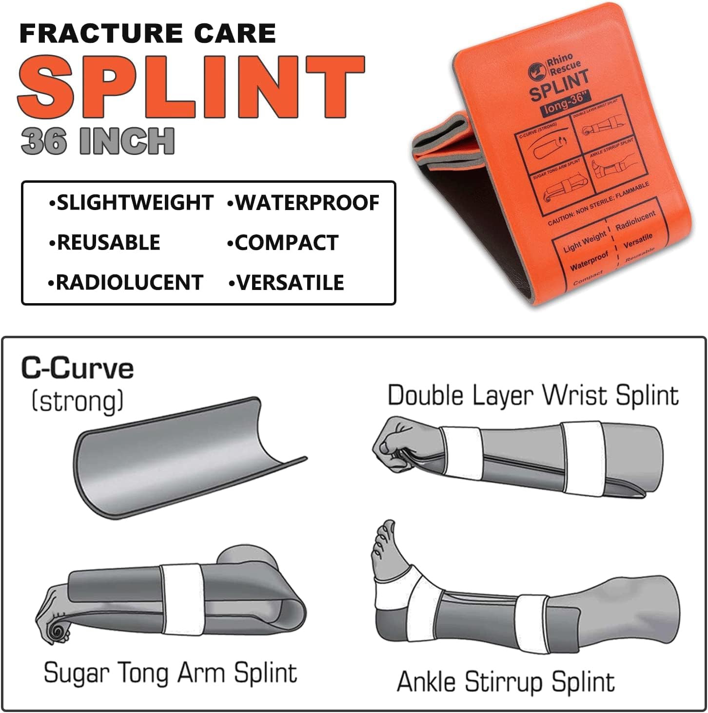RHINO RESCUE First Aid Splint 36" X 4.3" Orange-Gray, Keep Bones in Position (1, Folded) - Image 2