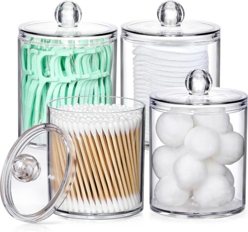 4 Pack Acrylic Qtip Holder Dispenser for Cotton Swabs, Balls, Pads, Floss Picks- Small Clear Plastic Canister Apothecary Jar Set, Bathroom Essentials Accessories Decor, Vanity Makeup Storage Organizer