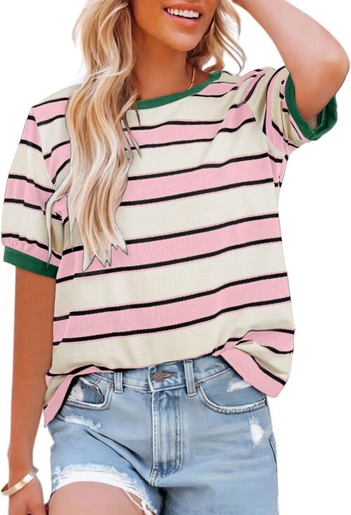 Dokotoo Womens Summer Tops 2025 Striped Color Block Short Sleeve T-Shirts Crewneck Casual Loose Basic Tee Blouses