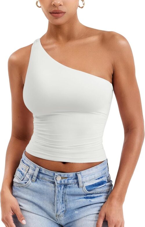YEOREO Womens One Shoulder Tops Sleeveless Going Out Tank Top Fanciy Double Lined Cropped Tee Y2K Summer Shirts Slim Fit