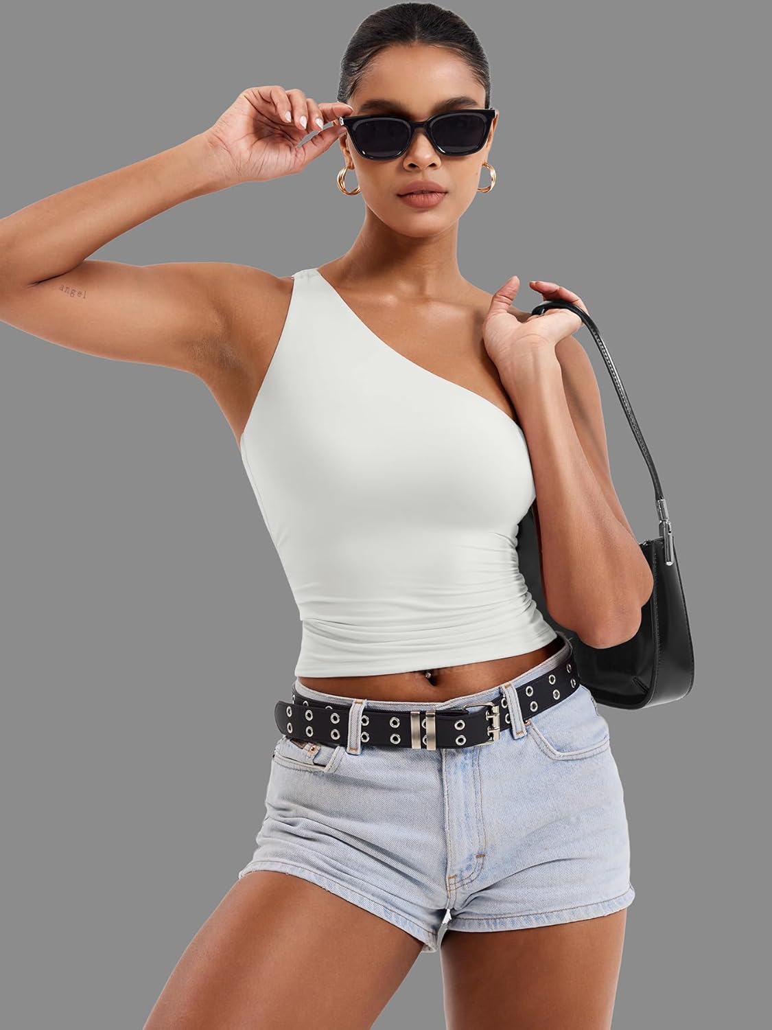 YEOREO Womens One Shoulder Tops Sleeveless Going Out Tank Top Fanciy Double Lined Cropped Tee Y2K Summer Shirts Slim Fit - Image 5